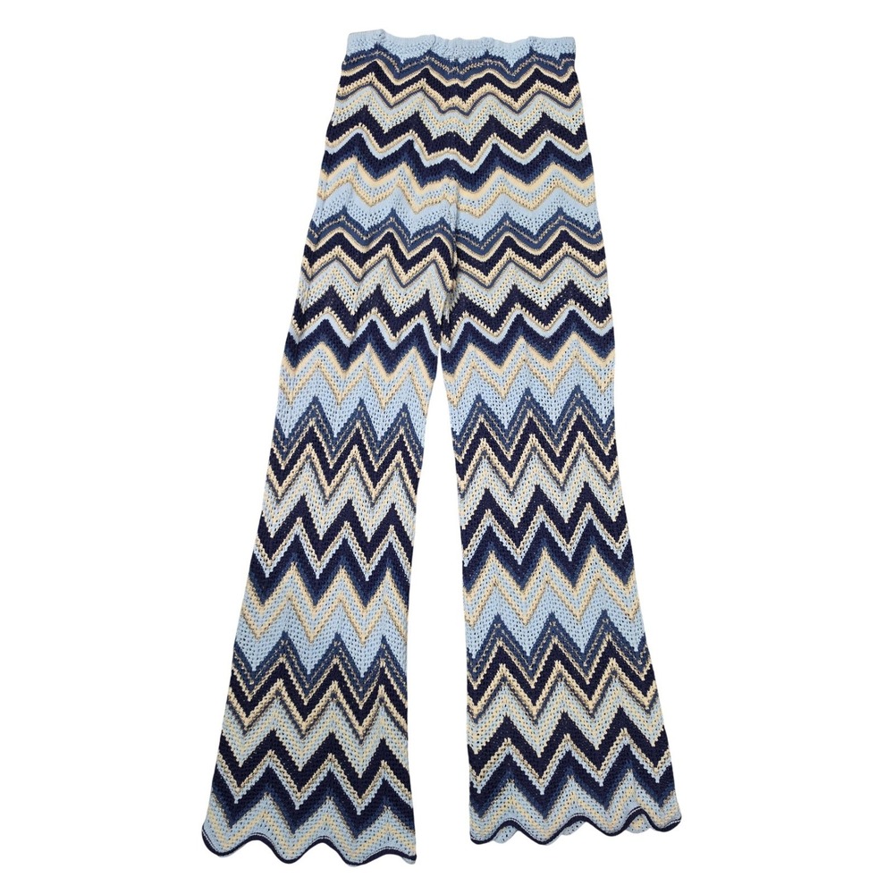 En Creme Women Blue Chevron Zig Zag Knit Wide Leg Boho Pants Small NEW - Picture 3 of 6
